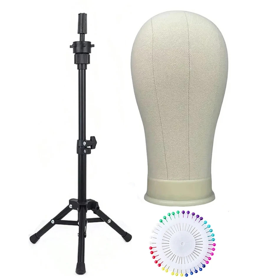 22 Zoll Leinwand Block Perücke Kopf mit Perücke Stativ weichen Kork Leinwand Block Kopf für die Präsentation von Mannequin Perücke für DlY Perückenherstellung Image