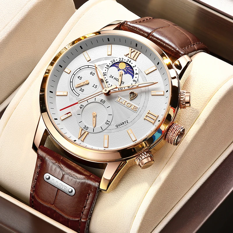 LIGE Mode 24-stunden Mondphase Uhr Männer Outdoor Sport Wasserdichte Uhr Für Männer Luxus Military Leder Männer Quarz Armbanduhren