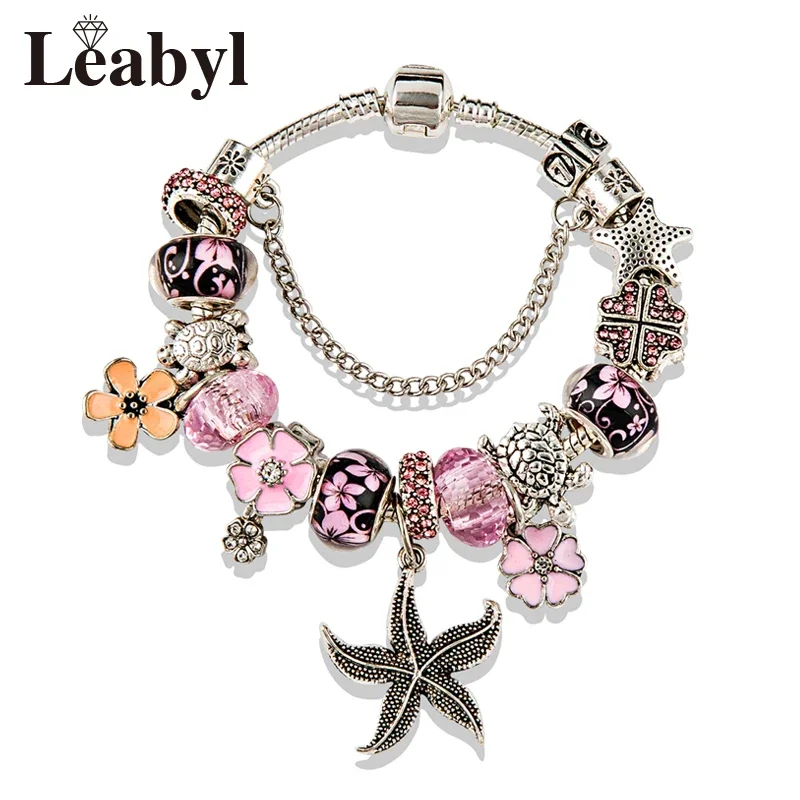Versilbertes Ozean-Serie-Charm-Armband mit großem Seestern-Blumen-Anhänger, rosa Emaille-Kristall-Perlenarmbänder, Sommer-Urlaubsgeschenk Image