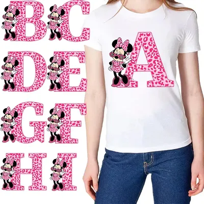 2pcs Disney Minnie Mickey Mouse Letter Clothes Sticker Hot Transfer Clothing Patch Iron on Patch Leopard Print T Shirt Sticker