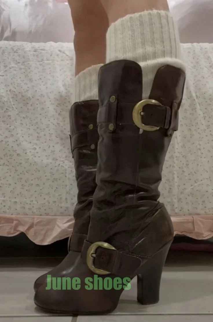 Lady Dark Brown Retro Style Mary Janes Boots Chunky Heel Metal Design Gold Buckle Strap New Arrive Office Vintage Boots Size 46