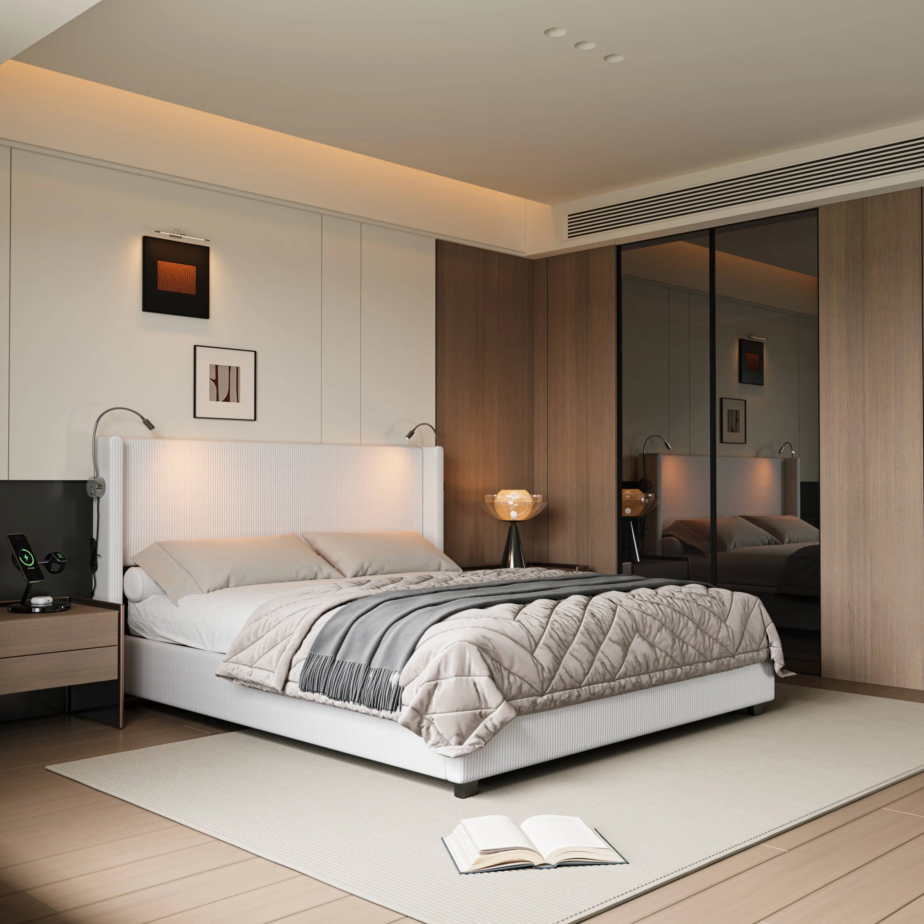 Rosahqnda Polsterbett 140 x 200 cm, Doppelbett mit Lesebeleuchtung, Stauraumbett mit Lattenrost, Cordoberfläche, Jugendbett