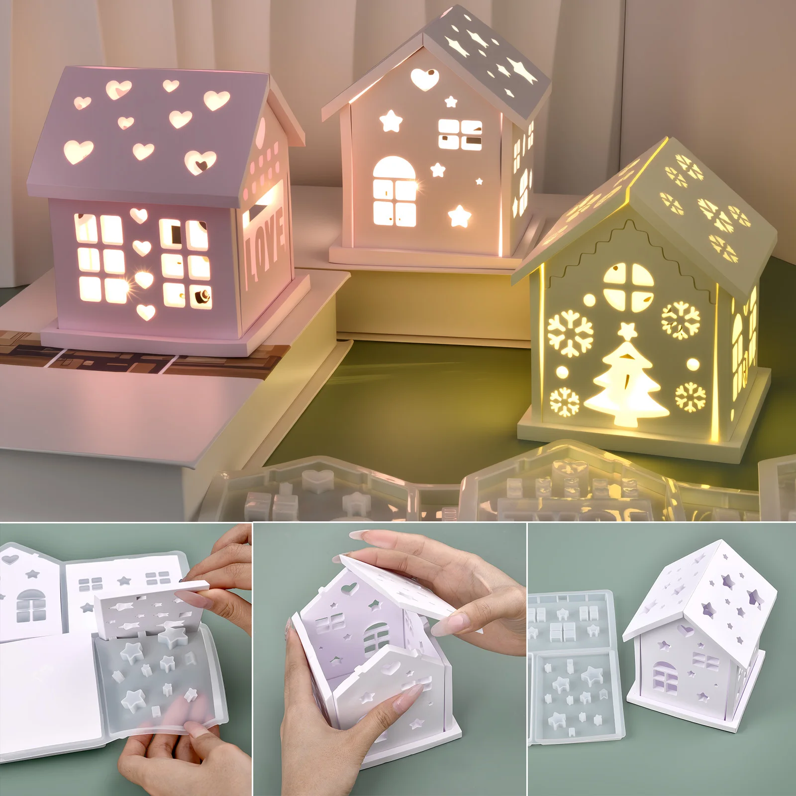 3D Haus Silikonform DIY Weihnachtsbaum Liebe Stern Haus Ornament Dekor Gips Epoxidharz Kerzenhalter Form Handwerk Herstellung Image