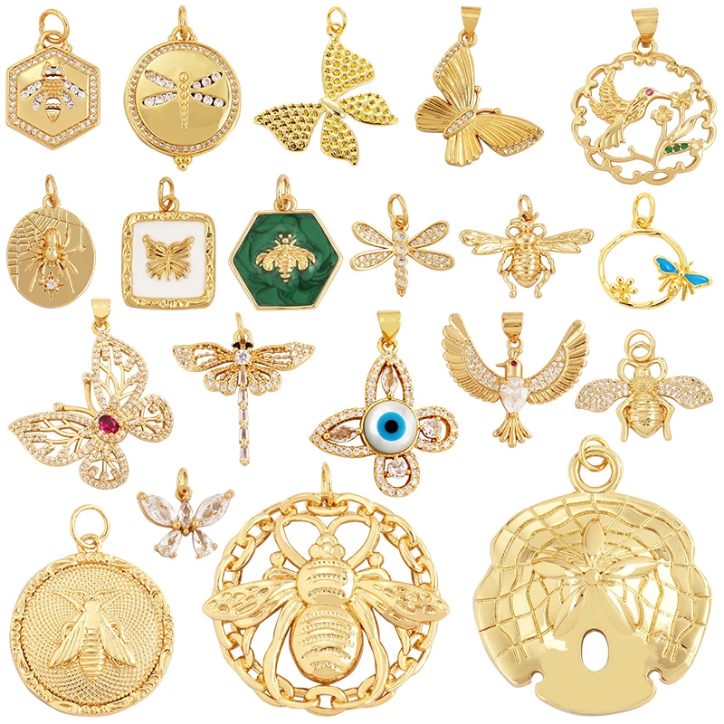 Biene Schmetterling Libelle Spinne Vogel 18K Gold Zirkon Charm Anhänger, süße Insekt Tier Schmuck Handwerk Halskette machen liefert K53 Image