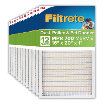 Filtrete 16 x 20 x 1 Air Filter, MPR 700, Merv 8, Dust, Pollen & Pet Dander, 3 Month Pleated 1 inch Electrostatic Air Filter, 12 HVAC Filters