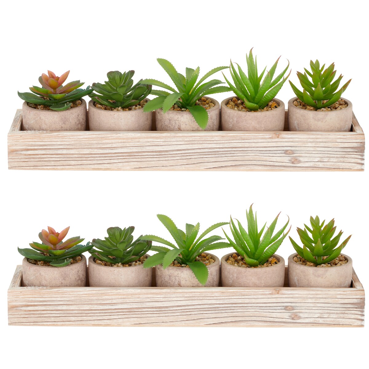 CREATIV green künstliche Pflanze Sukkulenten-Set im Holzkasten 5 Pflanzen 8-10cm im 6x5cm Topf, grün, im 2er Set Image