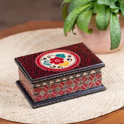 Summer Hibiscus,'Floral-Themed Batik Wood Jewelry Box Lined in Velvet'