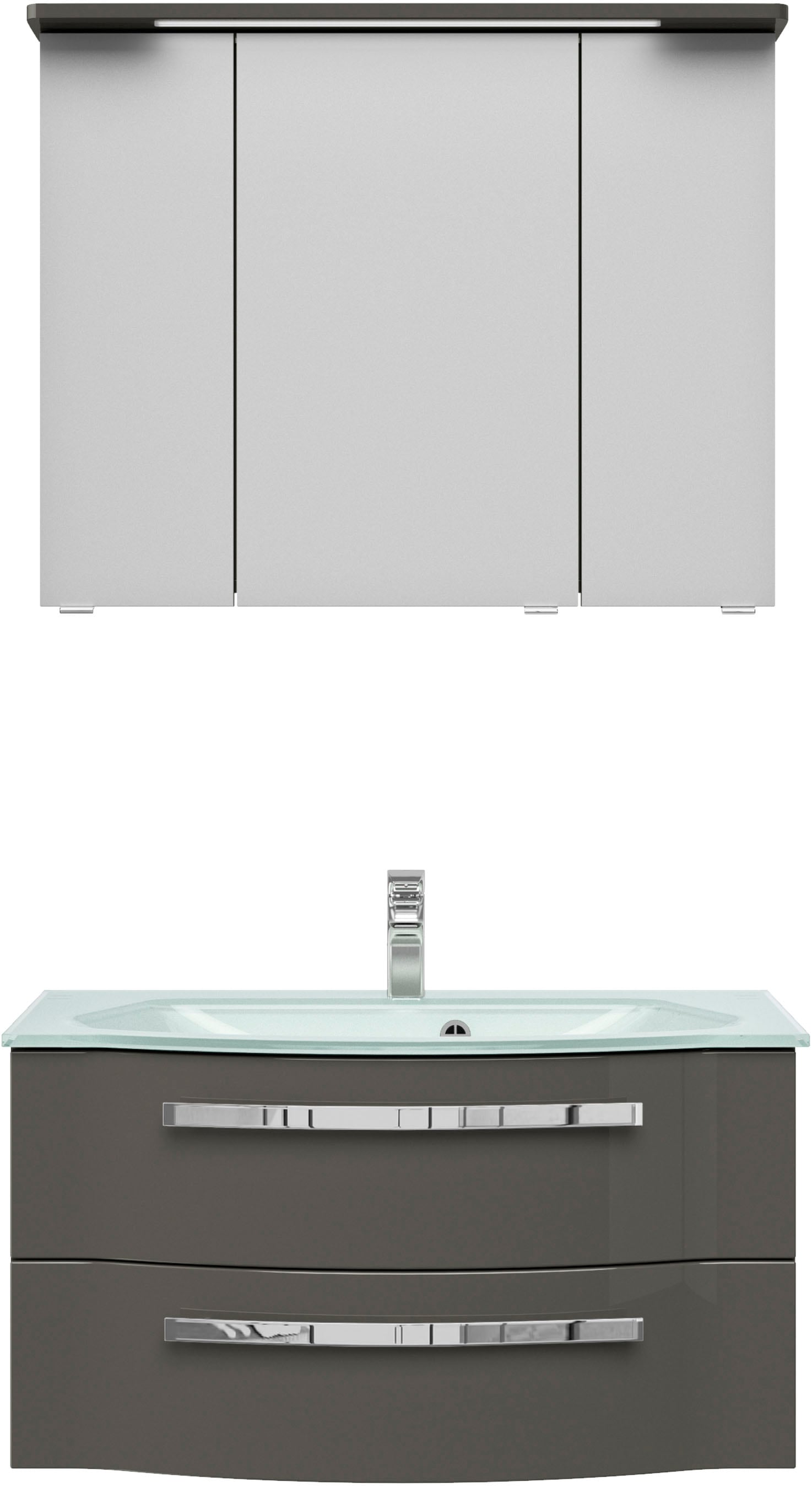 Badmöbel-Set SAPHIR "Serie 4005, vormontiert, Glaswaschbecken, Spiegelschrank", grau (lack steingrau hochglanz), Holzwerkstoff, Kastenmöbel-Sets, Badezimmer-Set mit Unterschrank, Midischrank, inkl. Türdämpfer