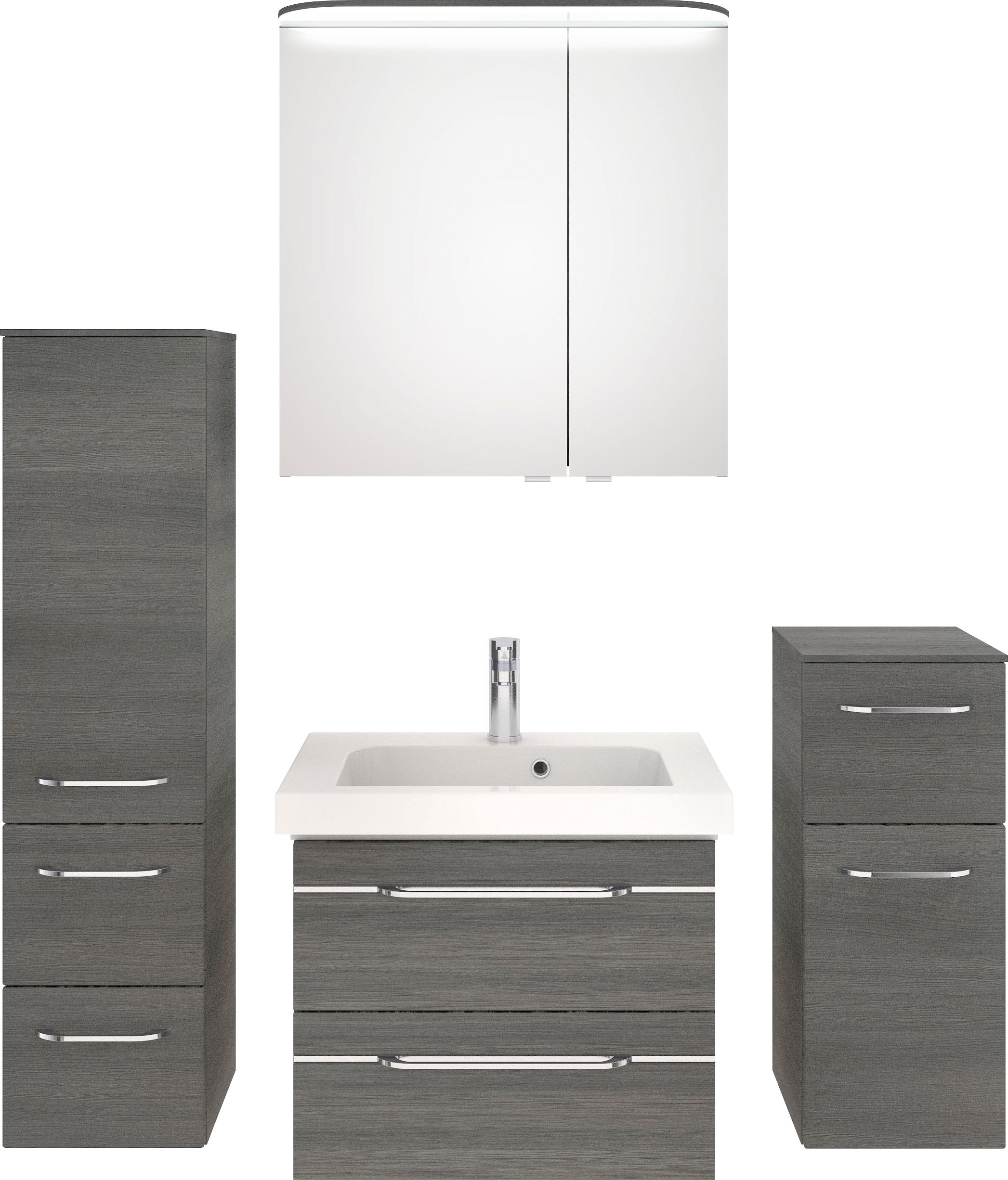 Badmöbel-Set SAPHIR "Balto Sprint 4-teilig, Mineralmarmor-Waschtisch mit LED-Spiegelschrank", grau (graphit struktur quer nachbildung), B:130cm H:200cm T:46cm, Spanplatte, Kastenmöbel-Sets, mit Unterschrank, Midischrank, inkl. Türdämpfer, 4 Türen, 5... Image