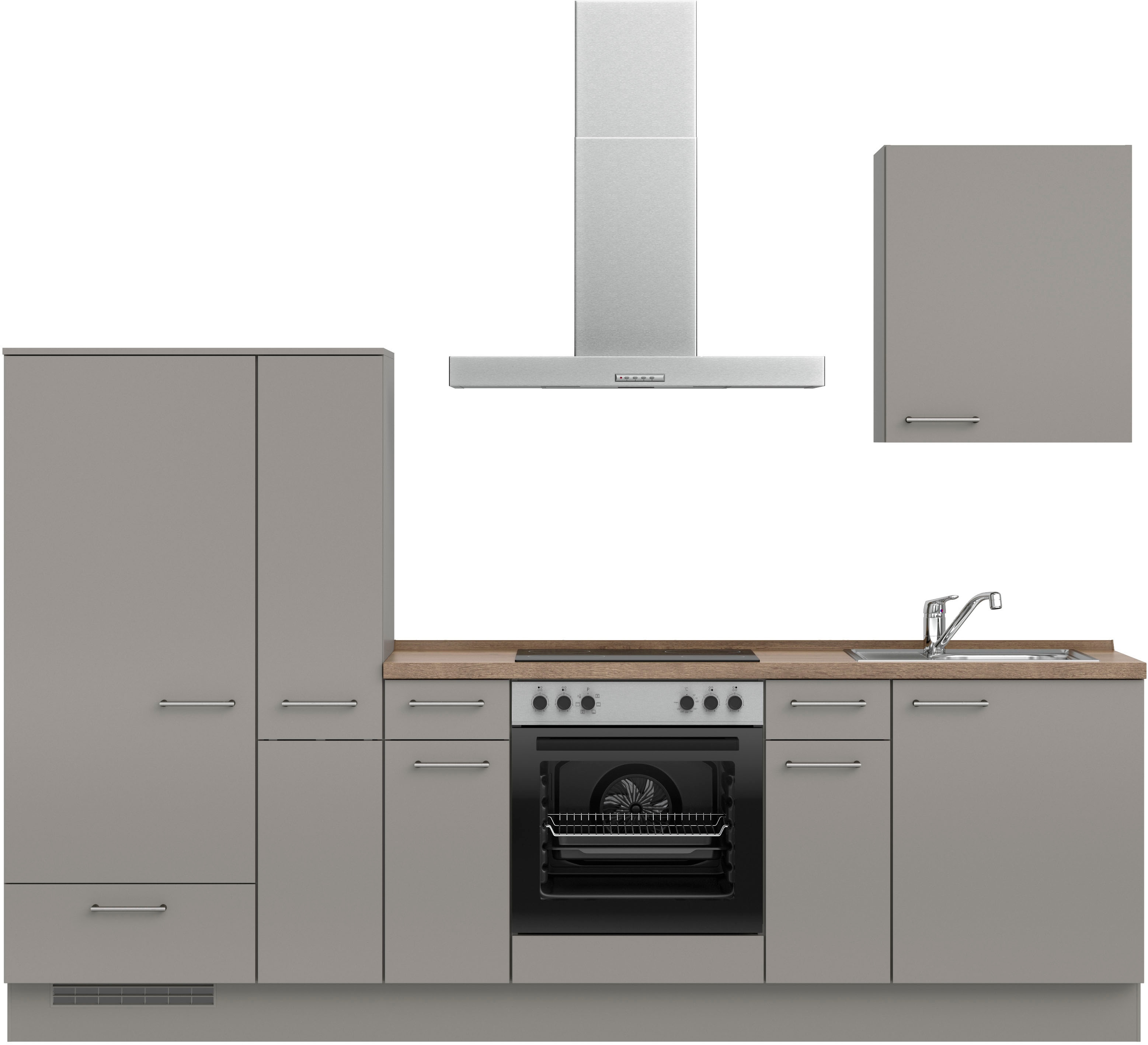 Küchenzeile NOBILIA "Laser I", Ausrichtung wählbar, Breite 270 cm", grau (küche: grau, korpus: taupegrau, arbeitsplatte: eiche havanna nachbildung), B:270,3cm H:216,6cm T:60cm, Komplettküchen-Sets, vormontiert, wahlw. mit unterschiedlichen... Image