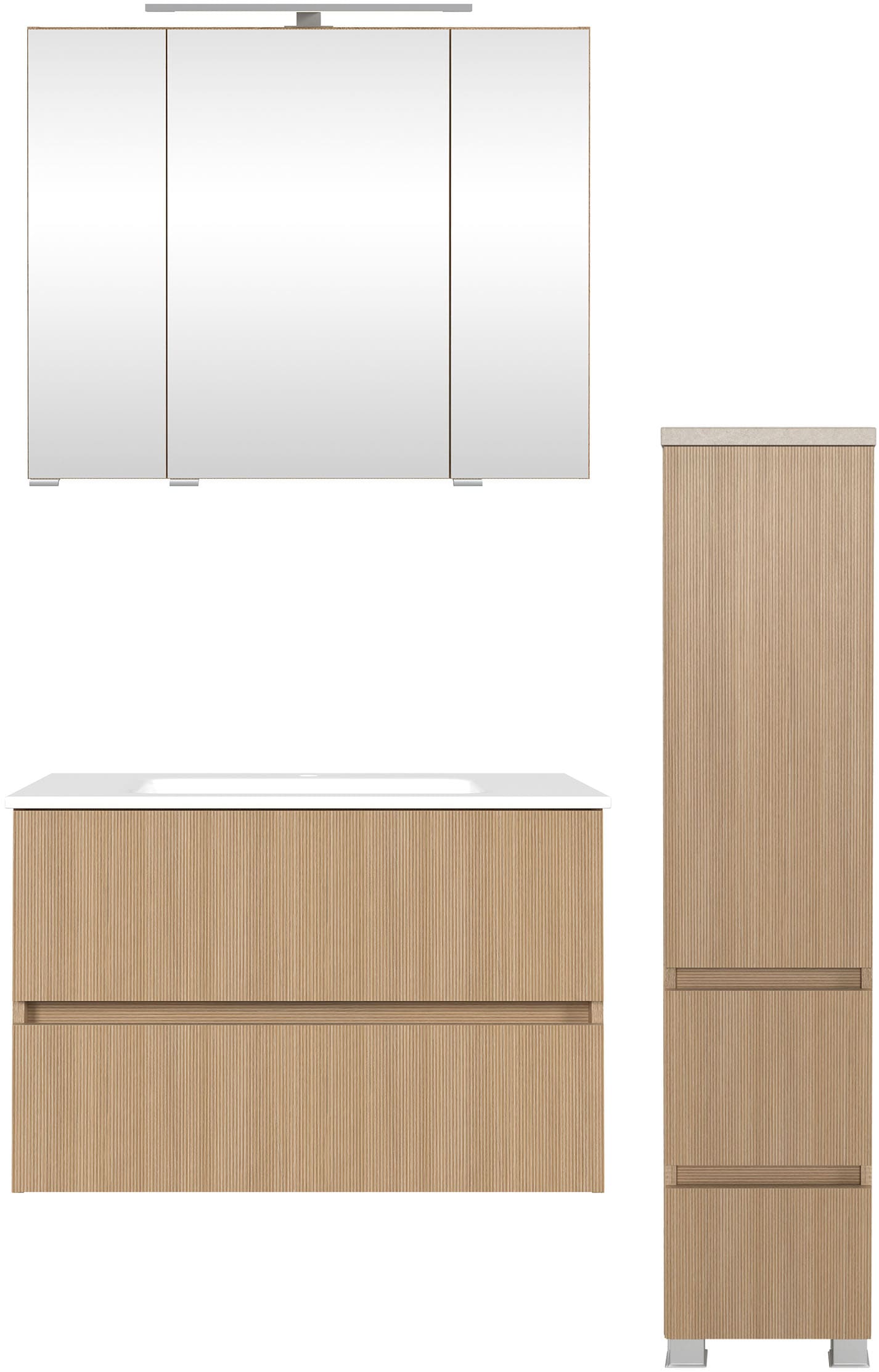 Badmöbel-Set WELLTIME "EIXO, Set aus Spiegelschrank, Waschtisch und Midischrank", braun (eiche hell), B:110cm H:200cm T:47cm, Spanplatte, Kastenmöbel-Sets, Set 110 cm breit, Badmöbel mit LED-Beleuchtung Image