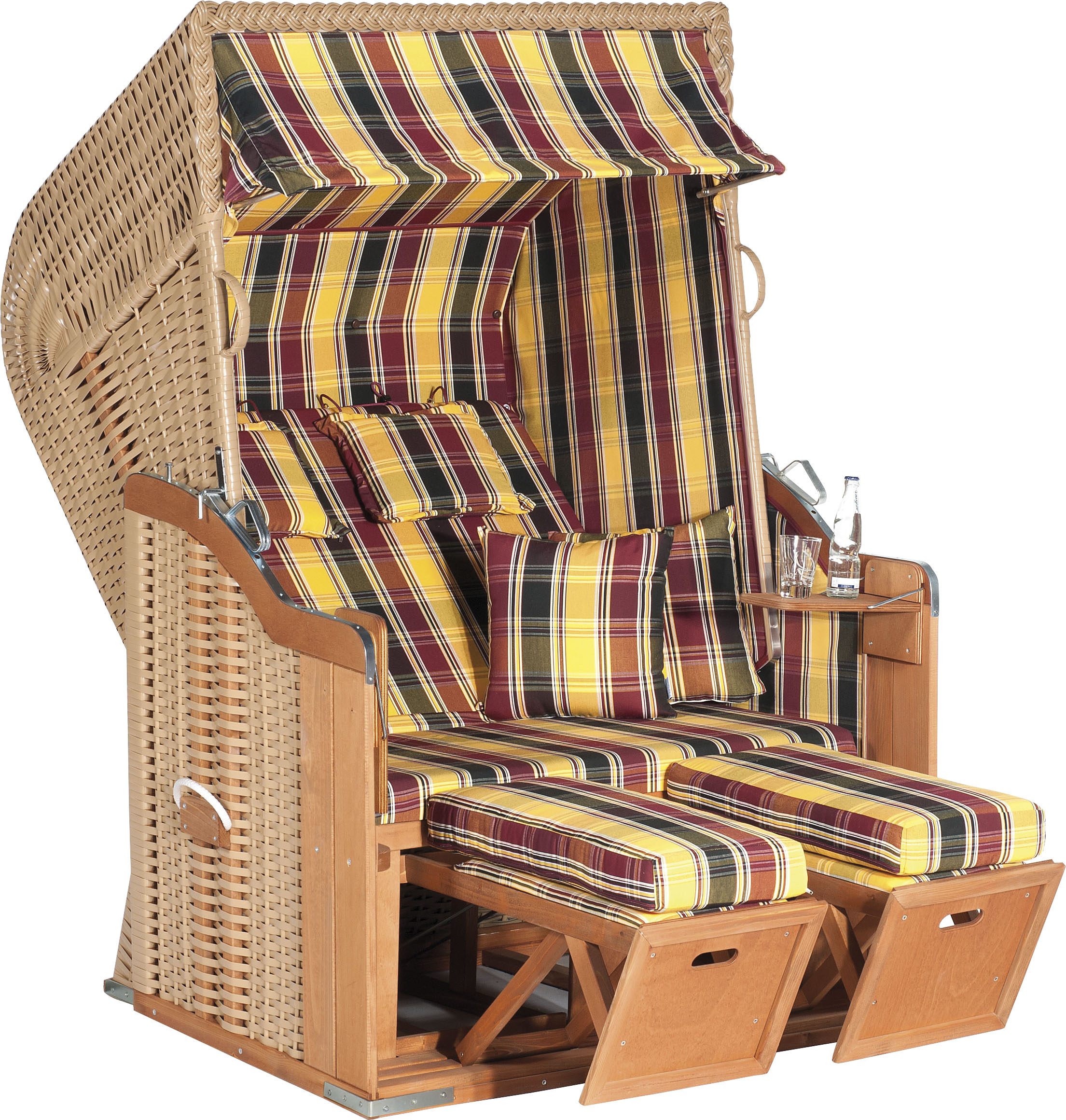 Strandkorb SUNNYSMART "Rustikal 250 Plus", beige (korpus: natur, beige bezug: gelb, schwarz, rot), StrandkörbeB:125cm H:160cm T:90cm, 2-Sitzer, komplett montiert, Oberkorb in einem Stück geflochten, B:125cm H:160cm T:90cm