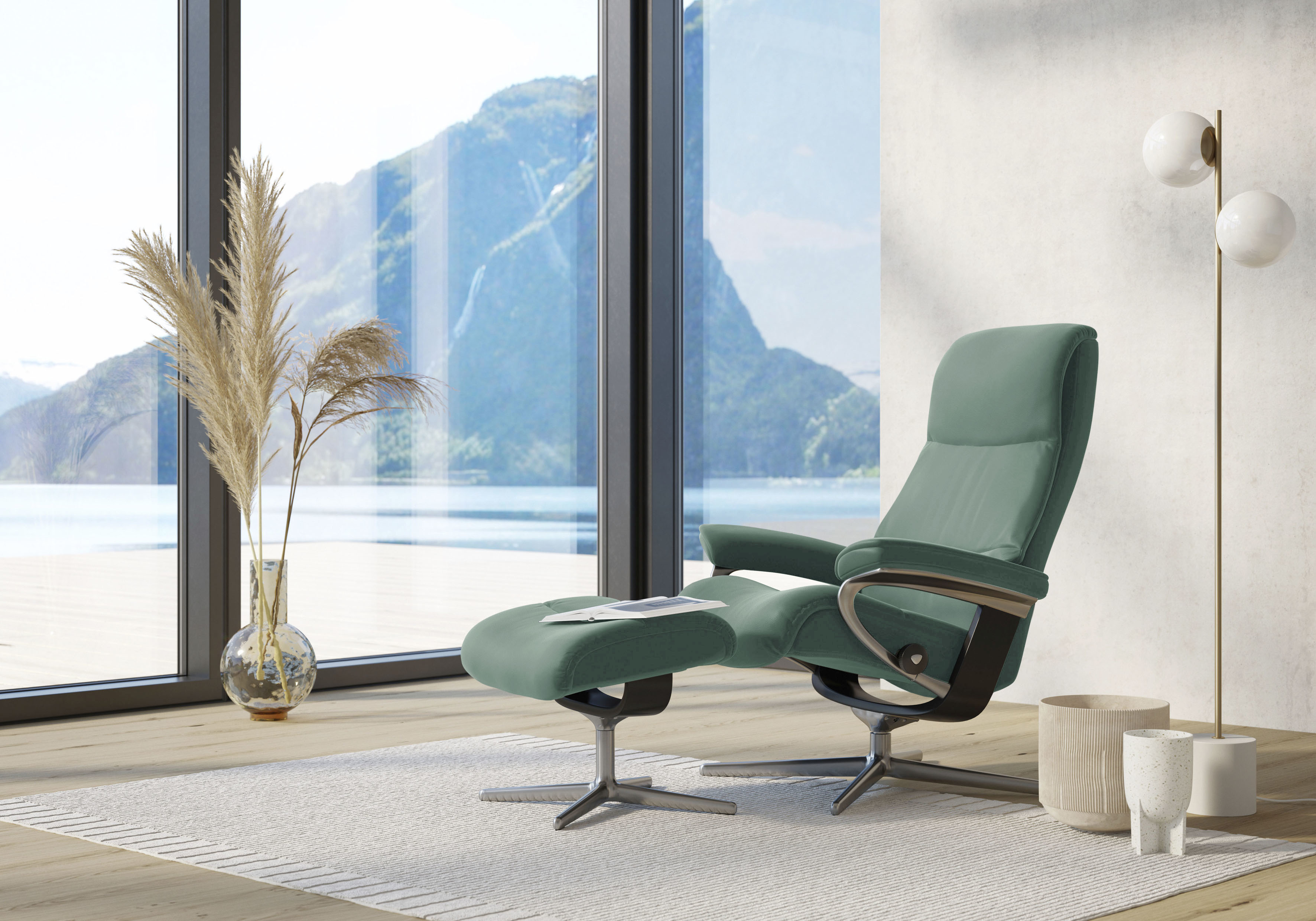 Relaxsessel STRESSLESS "View", grün (aqua grün paloma), B:78cm H:108cm T:78cm, Leder PALOMA: PALOMA ist ein durchgefärbtes Semianilin-Möbelleder mit natürlicher Narbung., Sessel, Relaxsessel, mit Hocker, mit Cross Base, Größe S, M & L, Holzakzent...