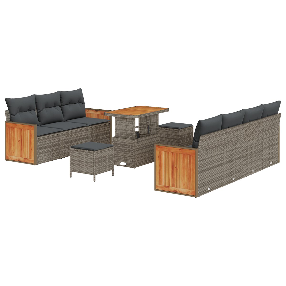 vidaXL 10-teiliges Garten-Sofa-Set mit Kissen in Grau aus Poly-Rattan und Akazienholz Image