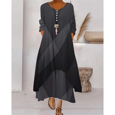 Women's Long Dress Maxi Dress Casual Dress Print Dress Fashion Modern Daily Beach Weekend Regular Fit Geometric Striped 3/4 Length Sleeve V Neck Black White Dark Gray Spring Fall