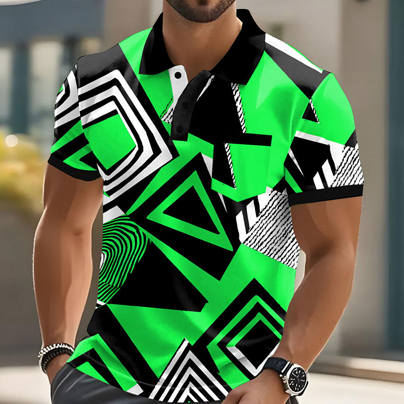 Men's Geometric Polo Short Sleeve Polo Shirts Collared Shirts Casual Outdoor Athleisure Daily Wear Pocket 3D Print Buttons Summer Blue Red Orange