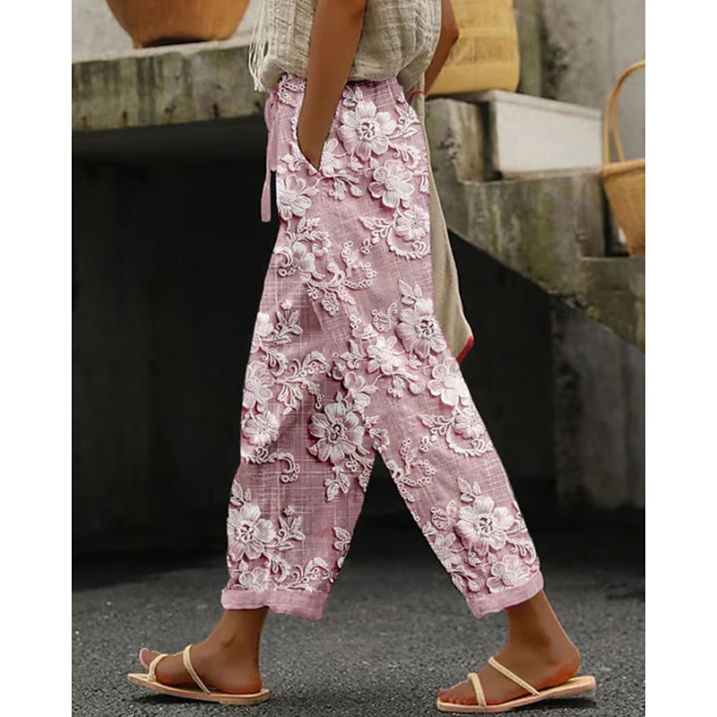 Women's Slacks Pants Trousers Fashion Streetwear Full Length Mid Waist Flower Print Breathability Comfortable Street Daily Wear Going out Apricot Black White Pink Summer Spring Regular Fit