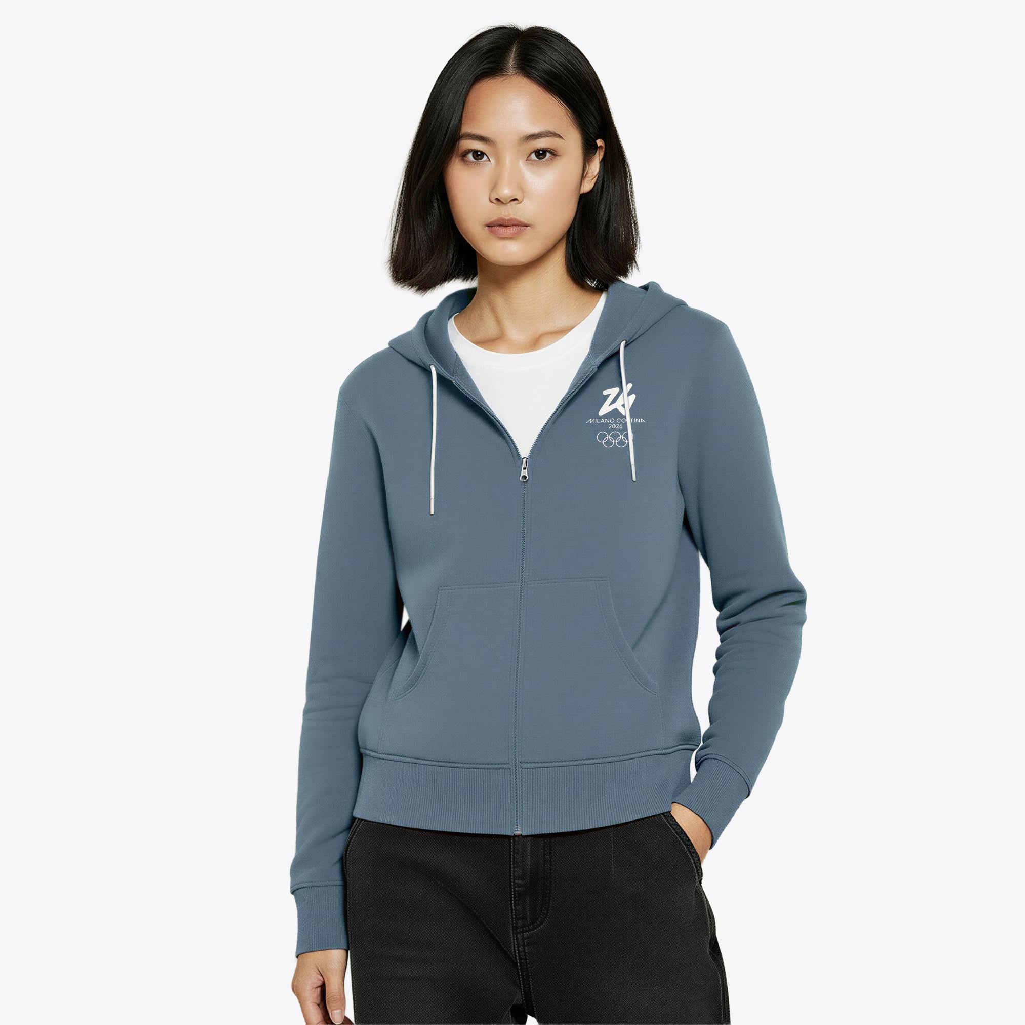 Olympische Spiele 2026 Essentials Kapuzenjacke mit durchgehendem Reißverschluss – Grau – Damen