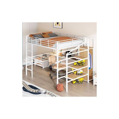 Hochbett, 140x200 cm Kinderbett mit Schreibtisch, offenem Kleiderschrank und Stauraumtreppe, in Image