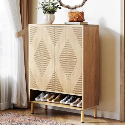 Schuhschrank mit 2 Türen, 73x 35x 115cm, Schuhschrank mit goldenem Metallrahmen, Schuhkipper Image