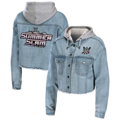 Women's WEAR by Erin Andrews Blue SummerSlam 2025 Kurze Jeansjacke mit Kapuze und durchgehendem Druckknopf Image