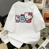 Saoirse Design Hello Bunny Print Graues T-Shirt Rosa Blume Kaninchen Kitty Katze Blauer Kreis Logo Baumwolle Casual Tee Kawaii Mode