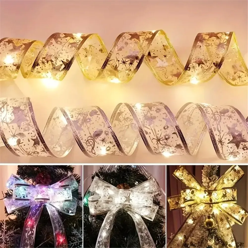 2/5/10M Weihnachtsbaumband-Lichterkette, DIY-Schleifen-Lichterkette für den Innenbereich, batteriebetrieben, für Weihnachtsbaum, Neujahrsdekoration