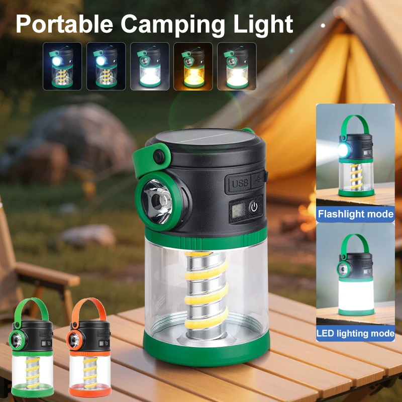 Solarbetriebene Campinglampe, tragbare Taschenlampe, Doppellicht, Notbeleuchtung, USB-Aufladung, wasserdicht, für Outdoor-Wanderzelt