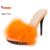 Frauen Fell Hausschuhe Mode Flauschigen Club Party Schuhe Sommer Sandalen Designer Neue Rutschen Slip-on 10 CM Dünne High Heels maultiere Größe 43