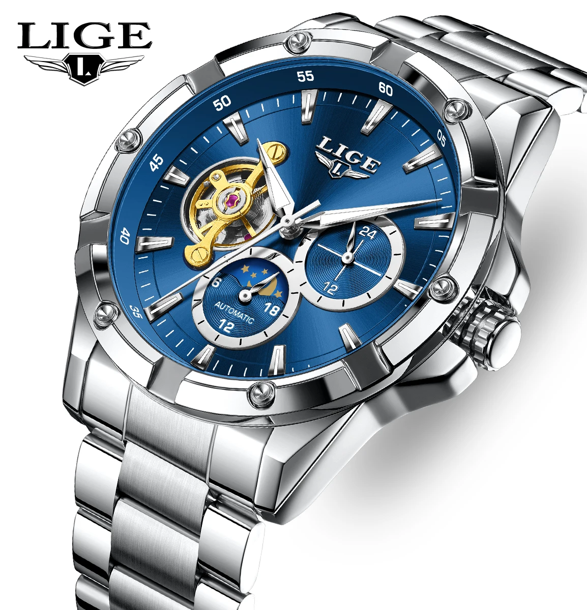 LIGE Neue Klassische Mechanische Armbanduhr Männer Sport Wasserdicht Starry Sky Mond Phase Männer Uhr Mode Automatische Uhren Für Männer Image