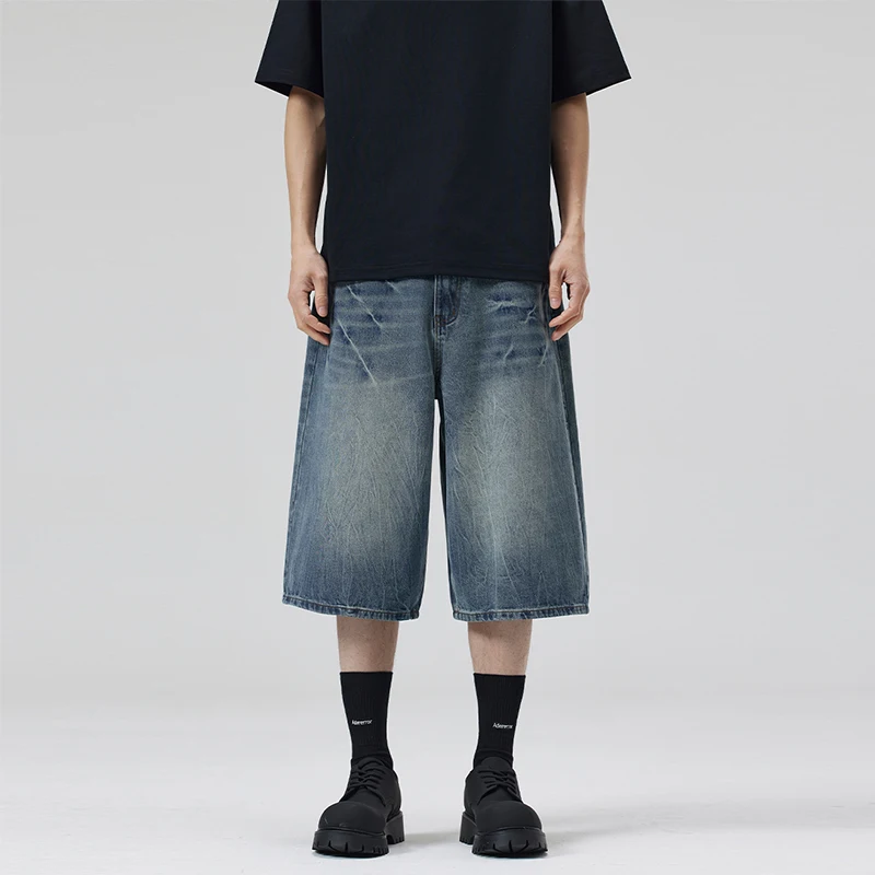 2025 Sommer American Lightning Crack Schwarz Grau Jeans Herren Straight Tube Loose Wide Leg Shorts Y2k Street Hip Hop Sevens