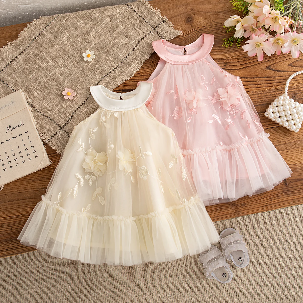 Baby Mädchen Kleid Sommer Blumenmuster Rundhals Ärmelloses Mesh Puffy Mädchen Kleid Niedliche Lässige Baby Mädchen Prinzessin Kleider Image