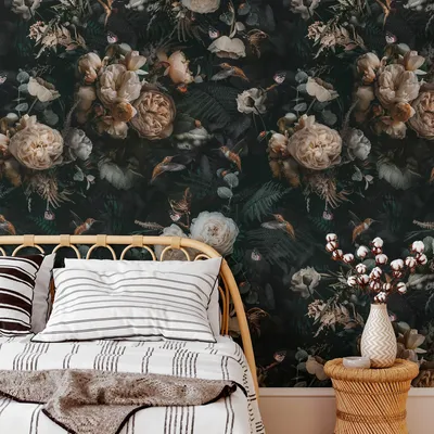 Pfingstrose Blumen Vögel dunkle Vintage Tapete Kleiderschrank Schlafzimmer Wohnzimmer abnehmbare Home Decor Wandbild wasserdicht selbstklebend Image