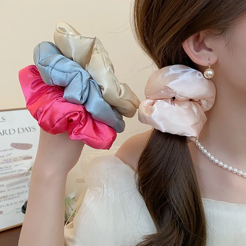Einfarbige, elastische, weiche Haargummis für Frauen, plissiertes Kissen, Schlafhaarseil, Satin-Haarring, gefüllter Schwamm, Pferdeschwanzhalter Image
