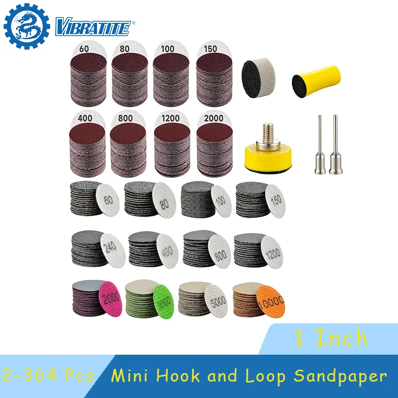 1-Zoll-Schleifpapierset mit Klettverschluss, 2–364-teilig, verschiedene Körnungen der Körnung 60–10.000, mit Stützteller und Pufferpads aus weichem Schaumstoff zum Polieren Image