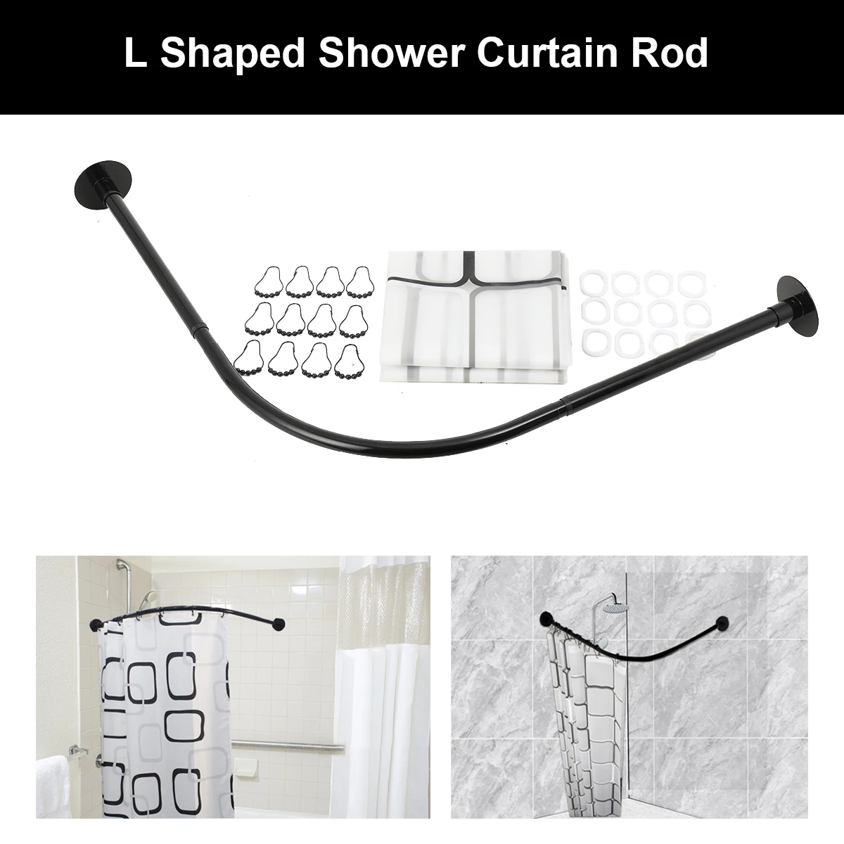 Duschvorhangschiene in L-Form, ohne Bohren, Duschschiene, Eckbadewanne, Teleskopstange aus Edelstahl mit Duschvorhangringen