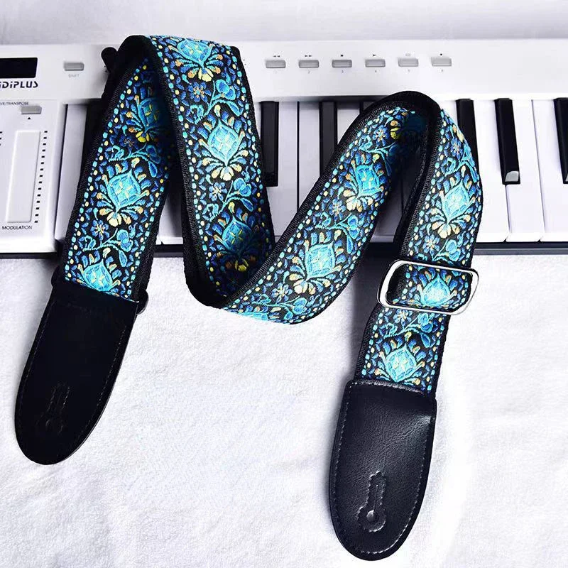 Bunter bestickter Gitarrengurt, akustische E-Bass-Gitarre, Ukulele, Baumwolle, Schultergurt, verstellbar, extra breit, für Männer und Kinder Image