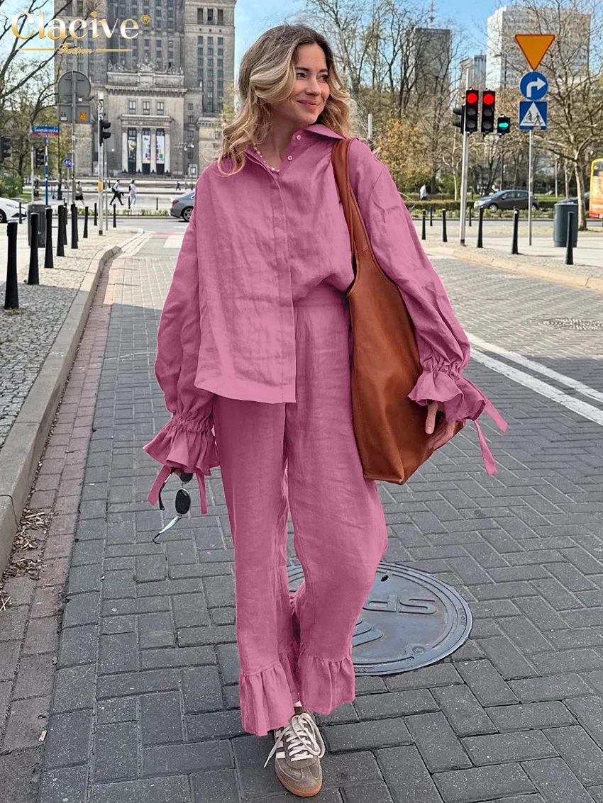 Clacive Mode Lose Rosa Baumwolle frauen Zwei Stücke Set 2025, Elegantes Langarm-shirt Mit Hoher Taille Breite Hosen set Weibliche