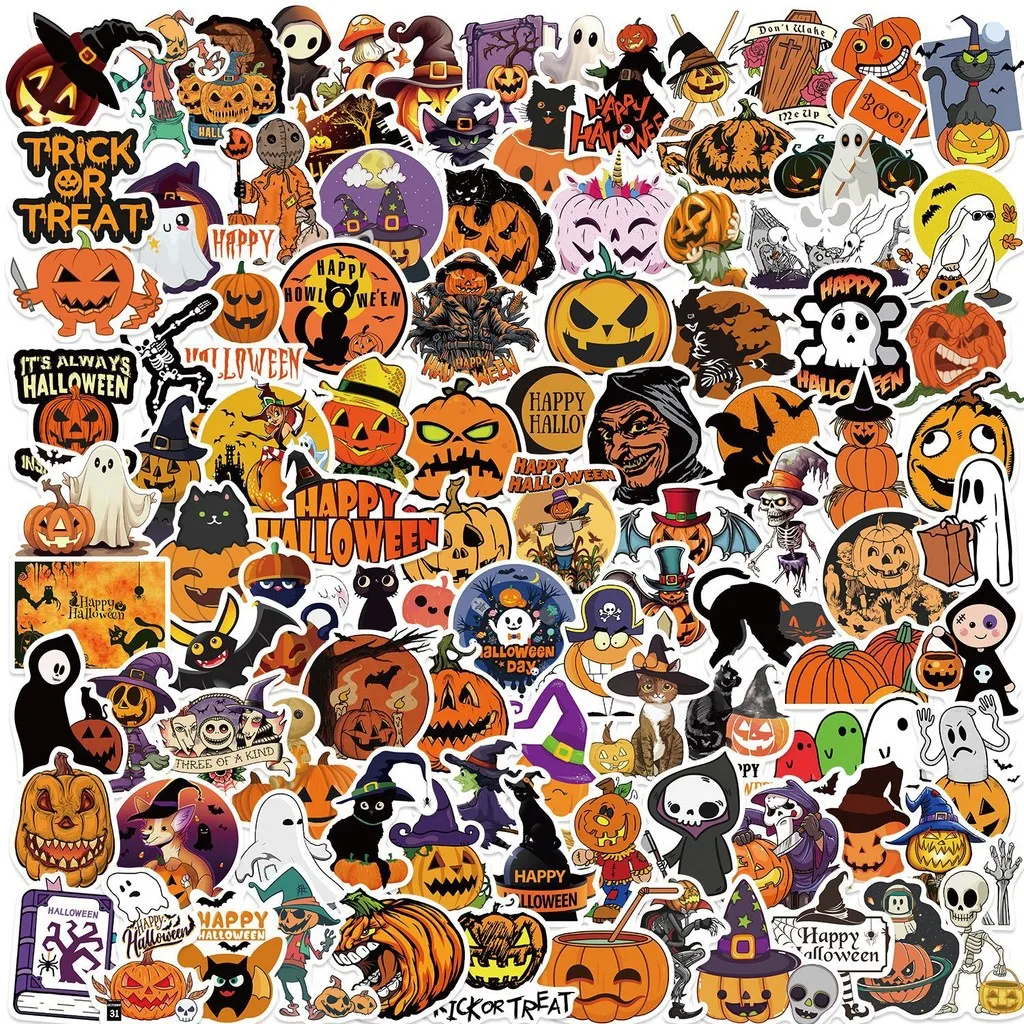 100 Stück Halloween-Kürbis-dekorative Graffiti-Aufkleber – wasserdicht für Handyhüllen, Skateboards und Gepäck (Anime Worlds Store) Image