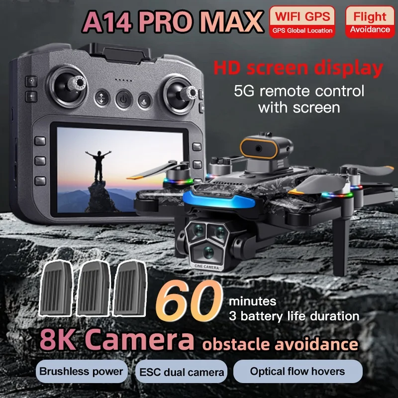 Neue verbesserte A14 Pro Max GPS Bürstenlosen 8K drei Kamera Optischen Fluss Hindernis Vermeidung Faltbare Quadcopter RC Entfernung Drone Spielzeug