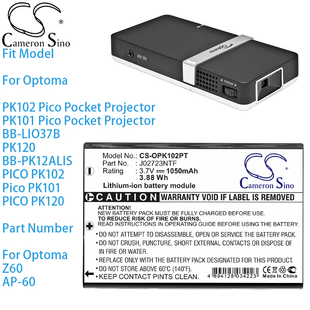 Cameron Sino Projector Battery For Optoma PK101 Pico Pocket Projector PICO PK120 Part Number Optoma Z60 AP-60 1050mAh