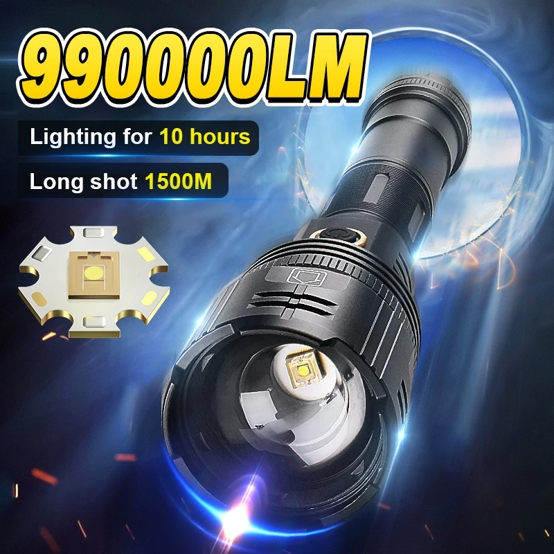 New 990000LM Ultra Powerful Flashlight White Laser Flashlights IPX6 Zoomable Type-c Rechargeable Torch Outdoor Adventure Camping