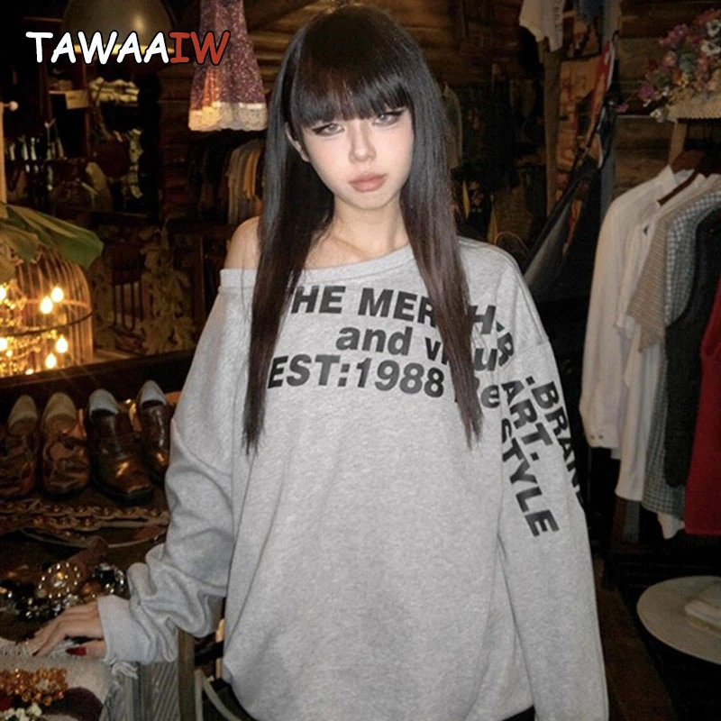 Tawaaiw Punk Style Off Shoulder Women's Sweatshirts Long Sleeve Korean Fashion Print Y2k Hoodies 2000s Clothes Autumn Tops Chic