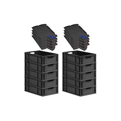 PROREGAL SuperSparSet 10x Eurobox NextGen Grip mit Scharnierdeckel & blauen Verschlüssen, HxBxT 17x40x60cm, 34L, Schwarz, Griffe offen, Eurobehälter Image