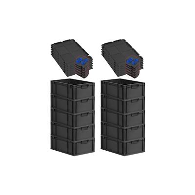 PROREGAL SparSet 10x Eurobox NextGen Grip mit Auflagedeckel & 4 blauen Verschlüssen, HxBxT 22x40x60cm, 44L, Schwarz, Griffe zu, Eurobehälter Image