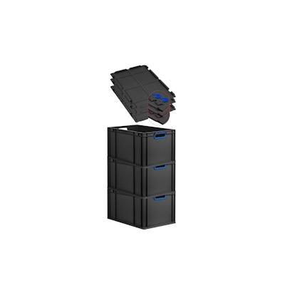 PROREGAL SuperSparSet 3x Eurobox NextGen Color mit Scharnierdeckel & Verschlüssen, HxBxT 32x40x60cm, 65L, Schwarz, Griffe blau offen, Eurobehälter Image