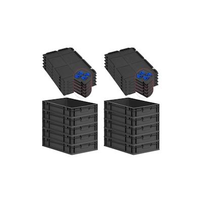 PROREGAL SparSet 10x Eurobox NextGen Grip mit Auflagedeckel & 4 blauen Verschlüssen, HxBxT 12x40x60cm, 23L, Schwarz, Griffe zu, Eurobehälter Image
