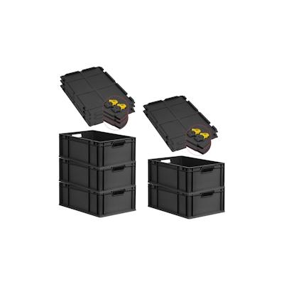 PROREGAL SuperSparSet 5x Eurobox NextGen Grip mit Scharnierdeckel & gelben Verschlüssen, HxBxT 22x40x60cm, 44L, Schwarz, Griffe offen, Eurobehälter Image