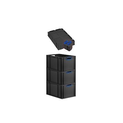 PROREGAL SuperSparSet 3x Eurobox NextGen Color mit Auflagedeckel & Verschlüsse, HxBxT 32x40x60cm, 65L, Schwarz, Griffe blau offen, Eurobehälter Image