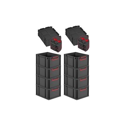 PROREGAL SuperSparSet 8x Eurobox NextGen Color mit Scharnierdeckel & Verschlüssen, HxBxT 22x30x40cm, 20L, Schwarz, Griffe rot zu, Eurobehälter Image